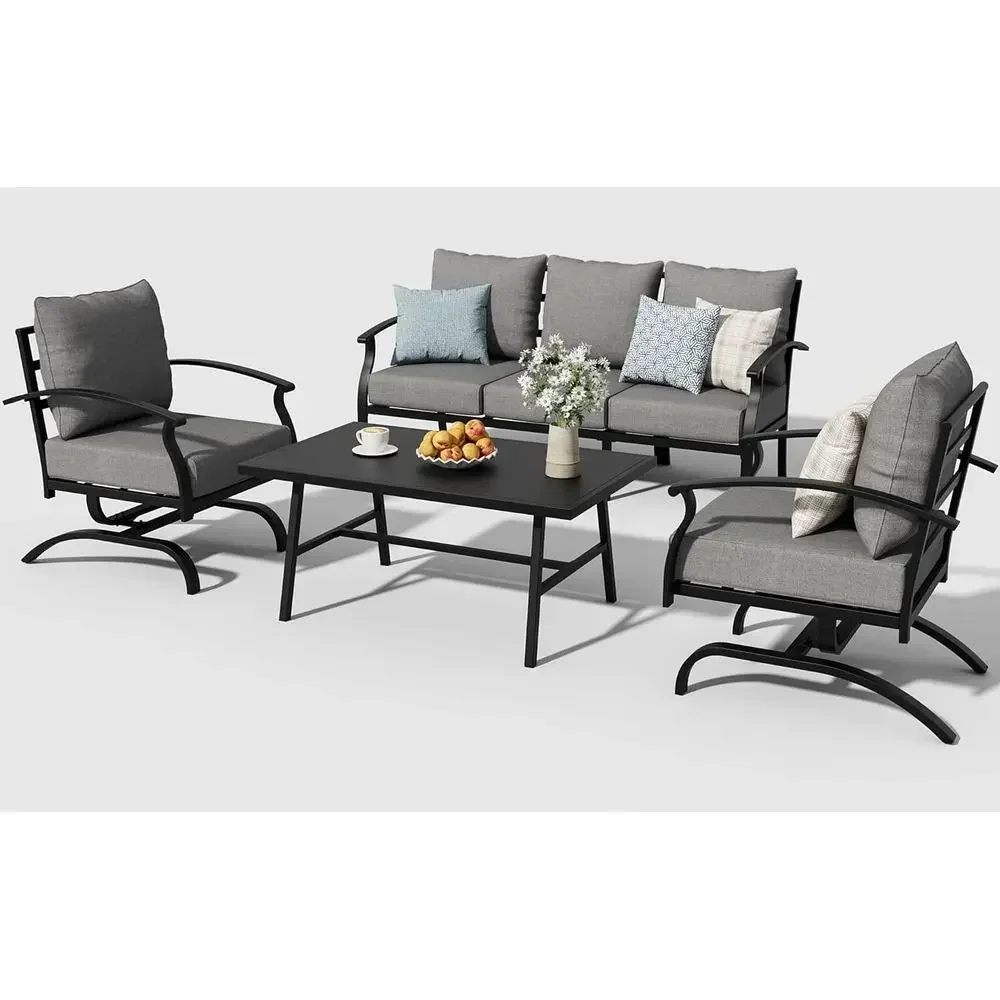 グレーの屋外用金属製パティオ家具セット。コーヒーテーブルとロ - Outdoor Furniture Metal Chairs のレビューと価格