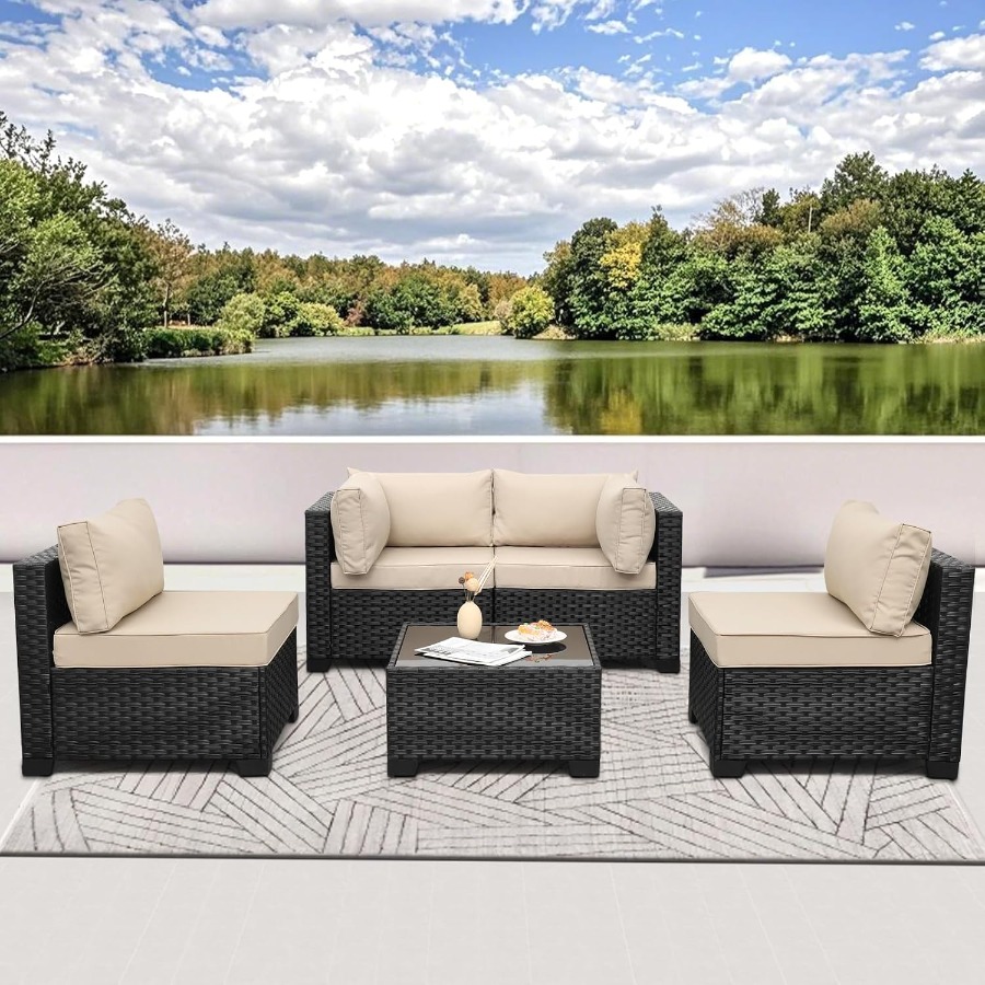 屋外用5点セットのパティオ家具。黒色のラタン素材を使用した、 - Outdoor Furniture Metal Chairs のレビューと価格