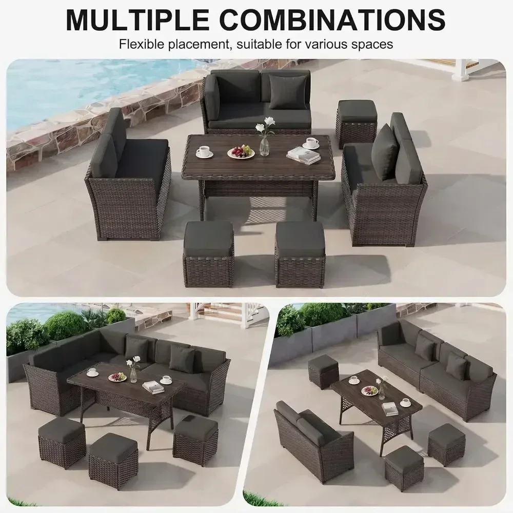 グレーとブラウンの7点セットの屋外用ウィッカー製パティオ家具 - Outdoor Furniture Metal Chairs のレビューと価格